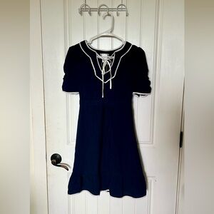 Navy Nautical Tie-Front Esley Dress with White Trim